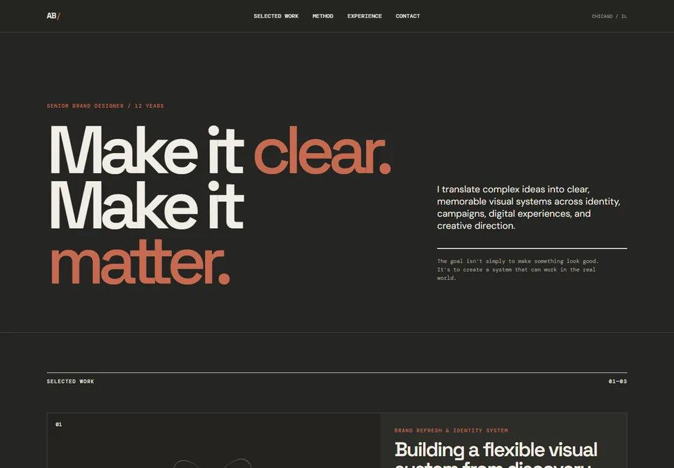 Designer sample portfolio showing its distinctive typography, composition, and creative direction.