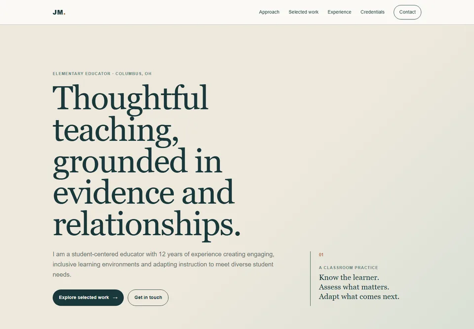 Elementary Educator sample portfolio showing its teaching-focused visual identity and opening content.