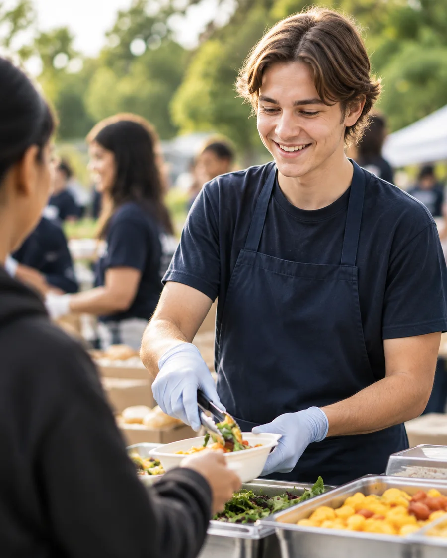 Young volunteer serving food at an outdoor community event