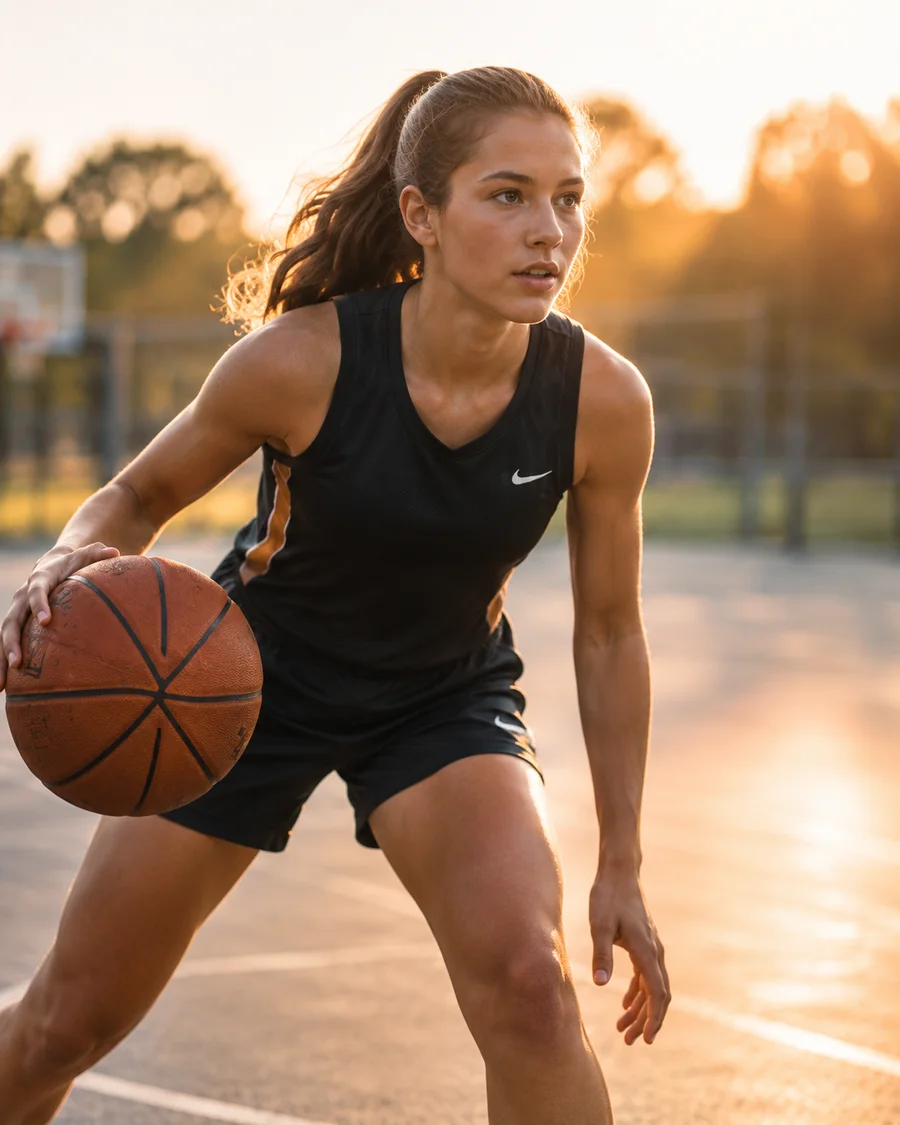 Young basketball player dribbling a ball on an outdoor court at sunset